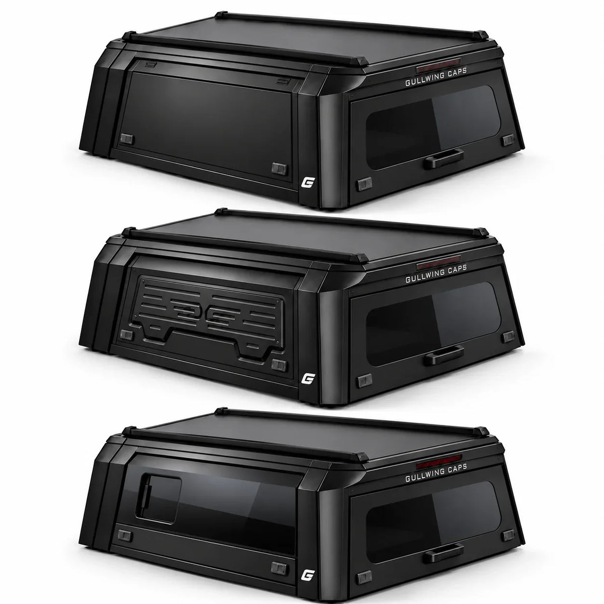 Three black gullwing canopy types shown from different angles on a light gray background. The caps have embossed front details, and visible branding including 'GULLWING CAPS' and a stylized 'G' logo.