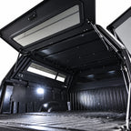 atlas expedition truck canopy with all 3 gullwing doors open and views from inside of the bed rails
