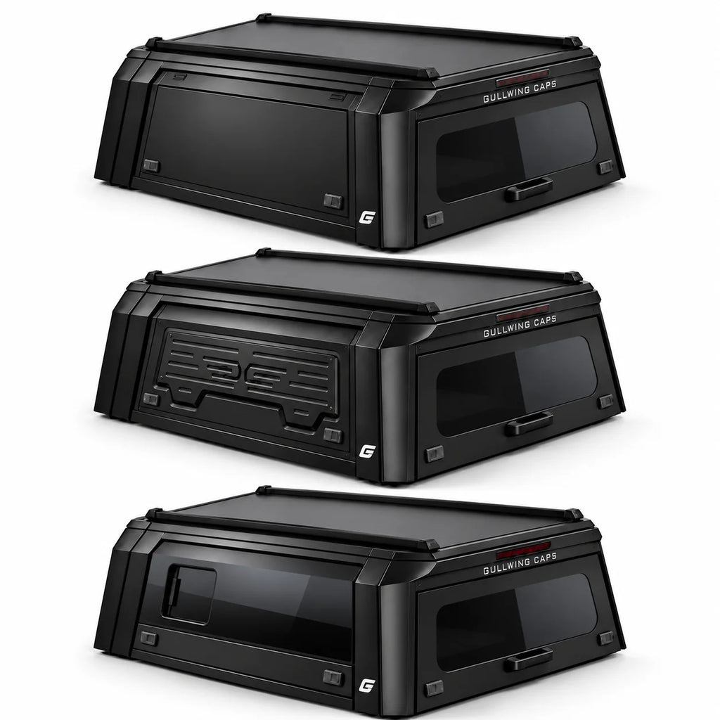 Three black gullwing canopy types shown from different angles on a light gray background. The caps have embossed front details, and visible branding including 'GULLWING CAPS' and a stylized 'G' logo.
