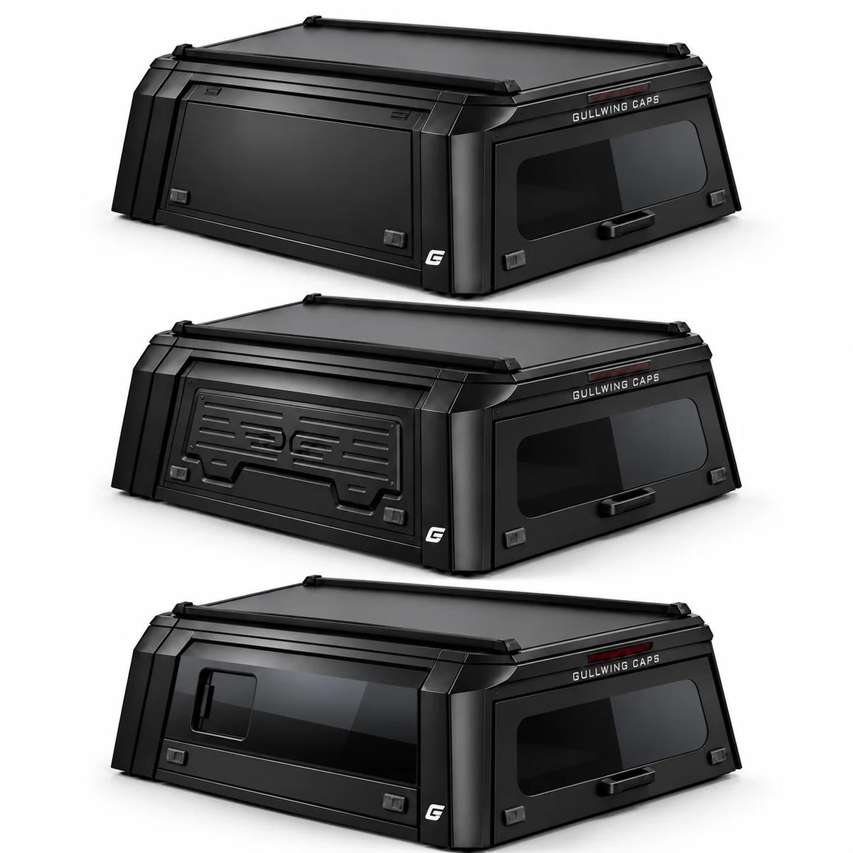 Three black gullwing canopy types shown from different angles on a light gray background. The caps have embossed front details, and visible branding including 'GULLWING CAPS' and a stylized 'G' logo.