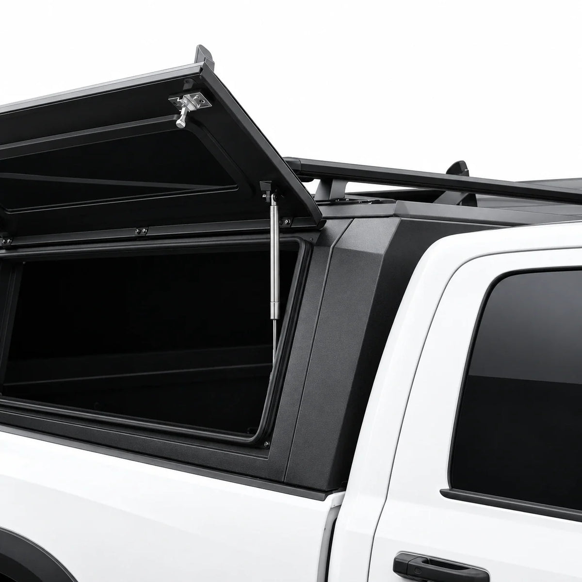 atlas expedition truck cap with open side door and roof racks on top