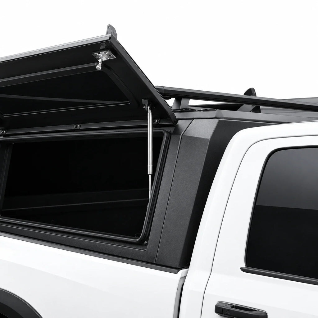atlas expedition truck cap with open side door and roof racks on top