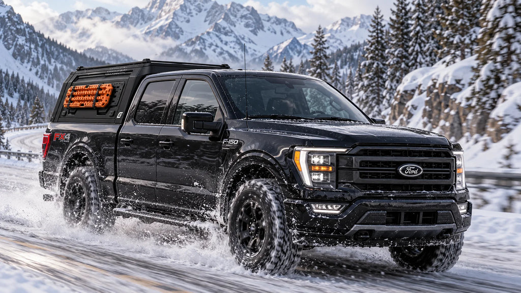 A black Ford F-150 pickup truck with a truck cap and a large orange traction board mounted on the molle panel door of the canopy, driving through deep snow with mountains and pine trees in the background.