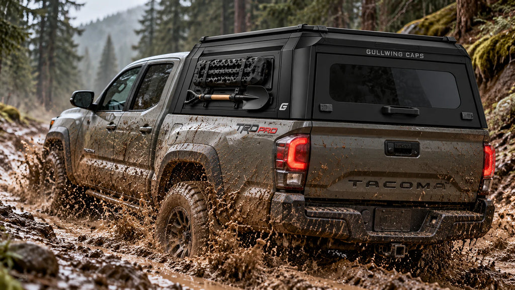 A dark gray Toyota Tacoma pickup truck with a black Gullwing Caps canopy, offroad driving through deep mud on a forest road.