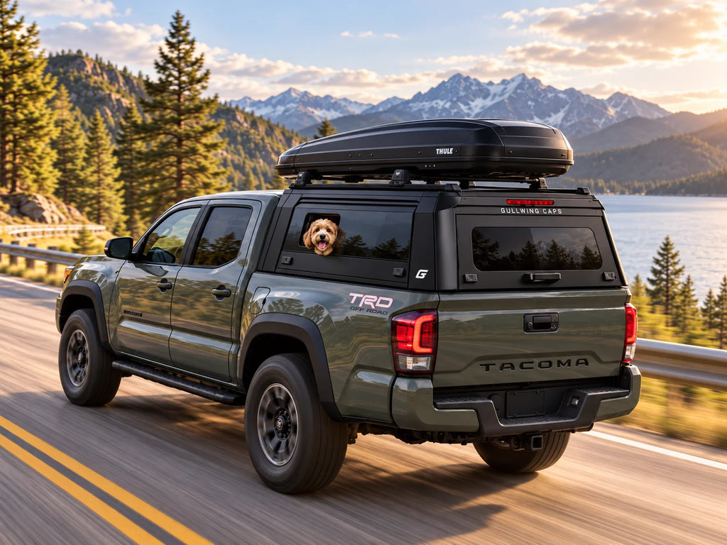 A dark olive green Tacoma pickup truck driving on a scenic mountain road with a lake and pine trees in the background. The truck is equipped with a black Thule roof box and a black hardtop gullwing caps truck canopy over the bed, with a dog's head out of the canopy side sliding window.