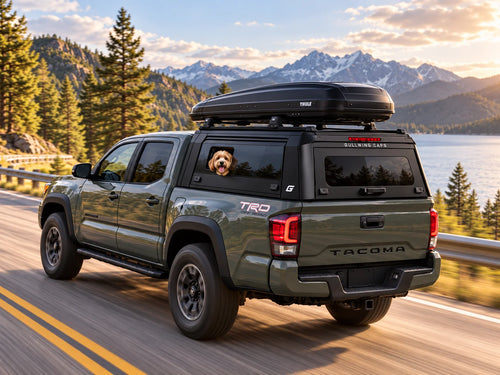 A dark olive green Tacoma pickup truck driving on a scenic mountain road with a lake and pine trees in the background. The truck is equipped with a black Thule roof box and a black hardtop gullwing caps truck canopy over the bed, with a dog's head out of the canopy side sliding window.